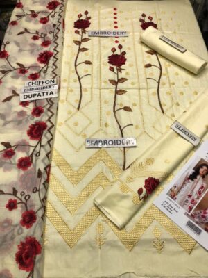 Embroidered Linen Chiffon Dupatta Suit for Weddings