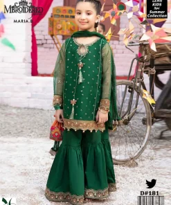 Green embroidered Maria B Kids 3-Piece Lawn Suit with net dupatta, for children aged 5-12