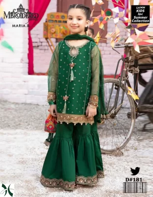 Green embroidered Maria B Kids 3-Piece Lawn Suit with net dupatta, for children aged 5-12