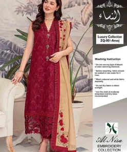 Zarqash Luxury Chikankari Embroidered Cotton Net Suit with Embroidered Front, Sleeves, and Dupatta by Alnisa Embroidery Collection