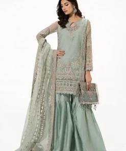 Front view of the mint-green version of the embroidered organza dress